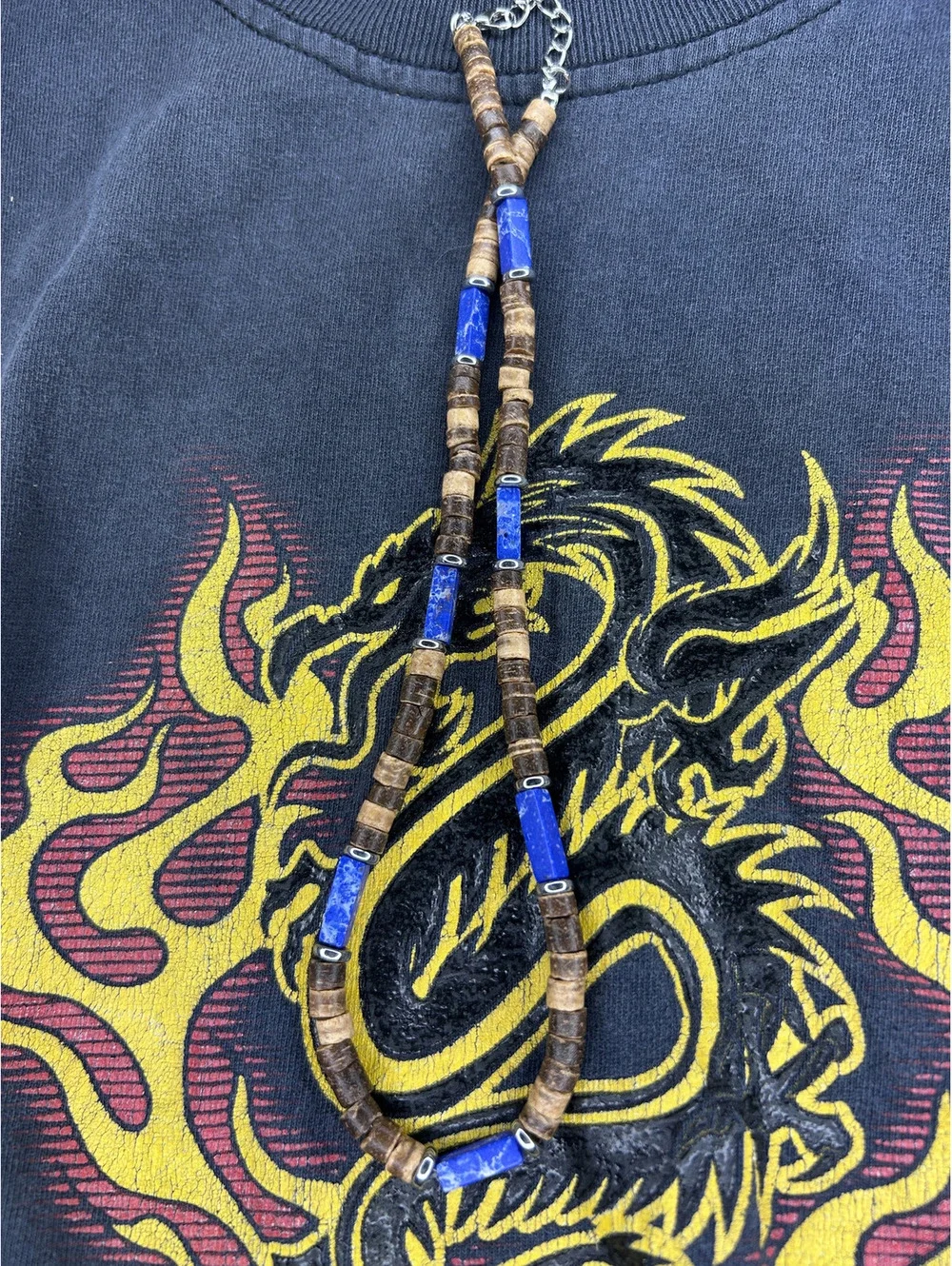 Handmade Beaded Necklace with Blue and Brown Accents N-13